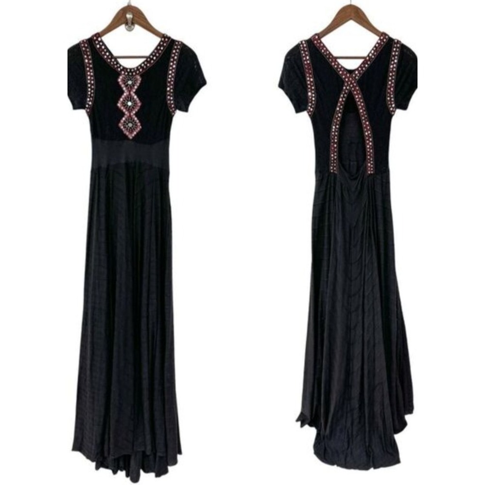 Free People Dress Size X=Small  Black Lace Red Embroidery Adored Boho Maxi‎